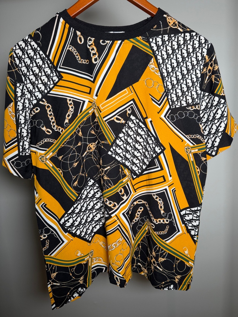 Patterned Short Sleeve Top - Black, Yellow, Green